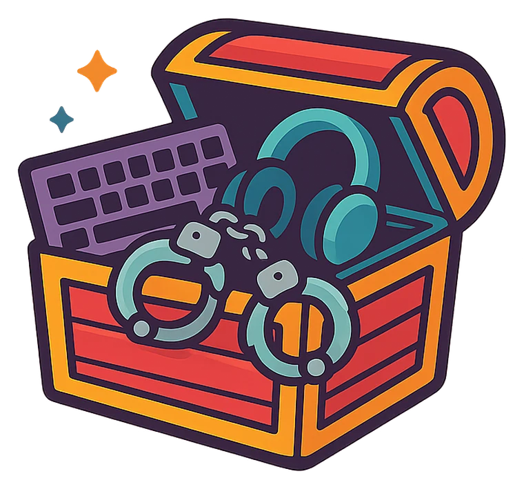 The Tickle Trunk logo: an open treasure chest holding a keyboard, headphones and handcuffs